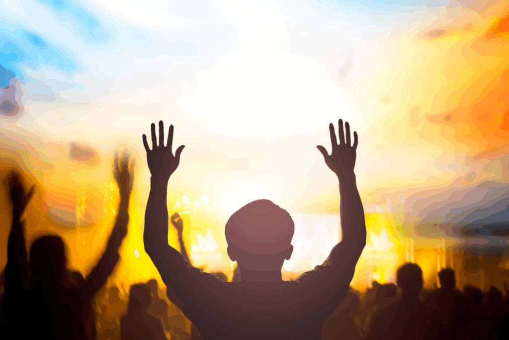 Silhouetted crowd with raised hands at a vibrant concert or event.