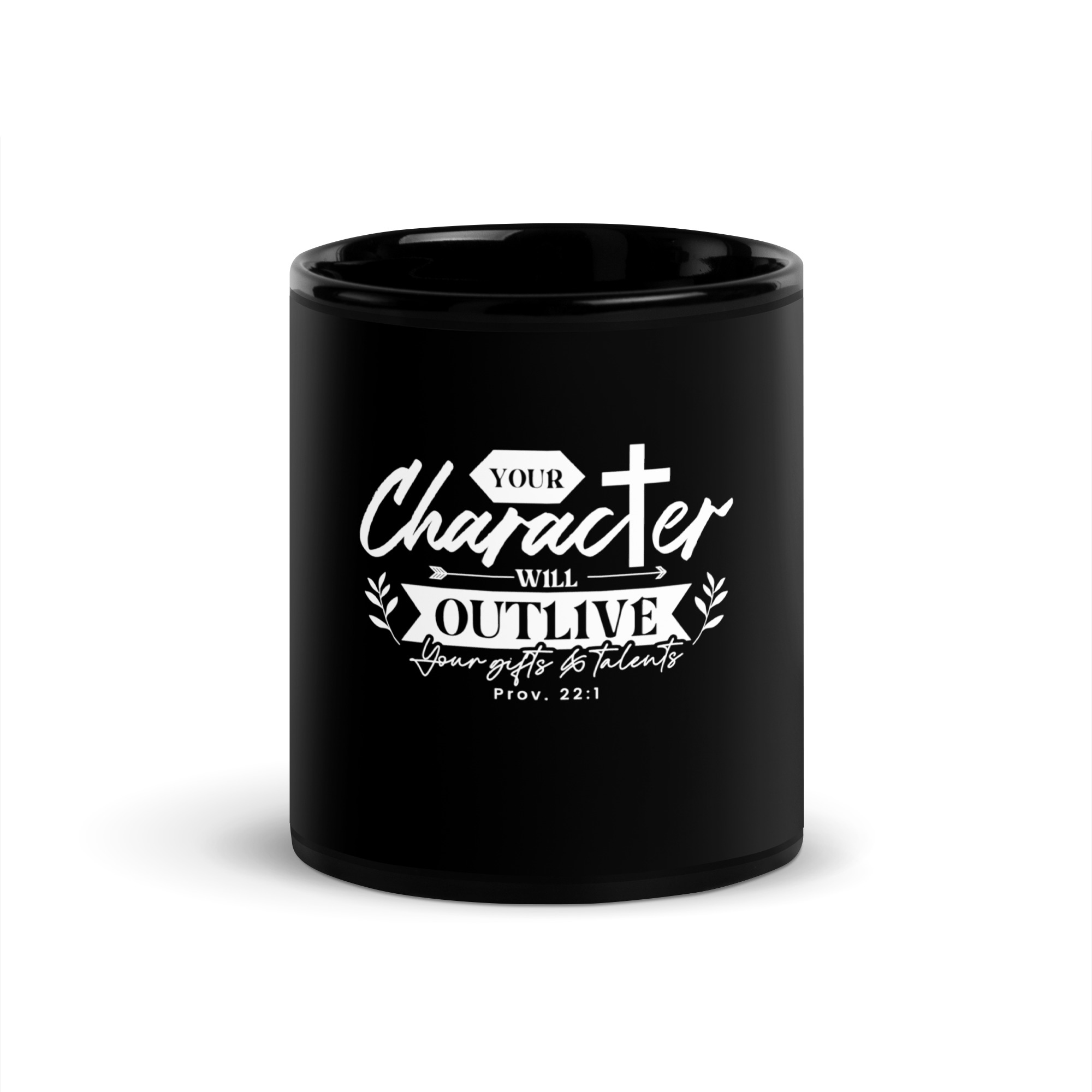Black mug with white inspirational text about character and attitude.