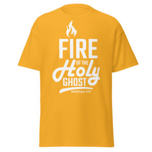 Orange T-shirt with 'Fire of the Holy Ghost' text and flame graphic.