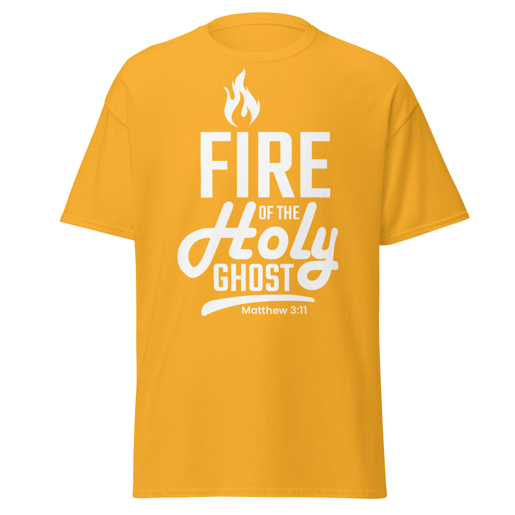 Orange T-shirt with 'Fire of the Holy Ghost' text and flame graphic.
