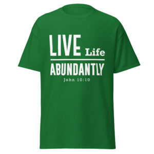 Green T-shirt with inspirational Bible verse design.