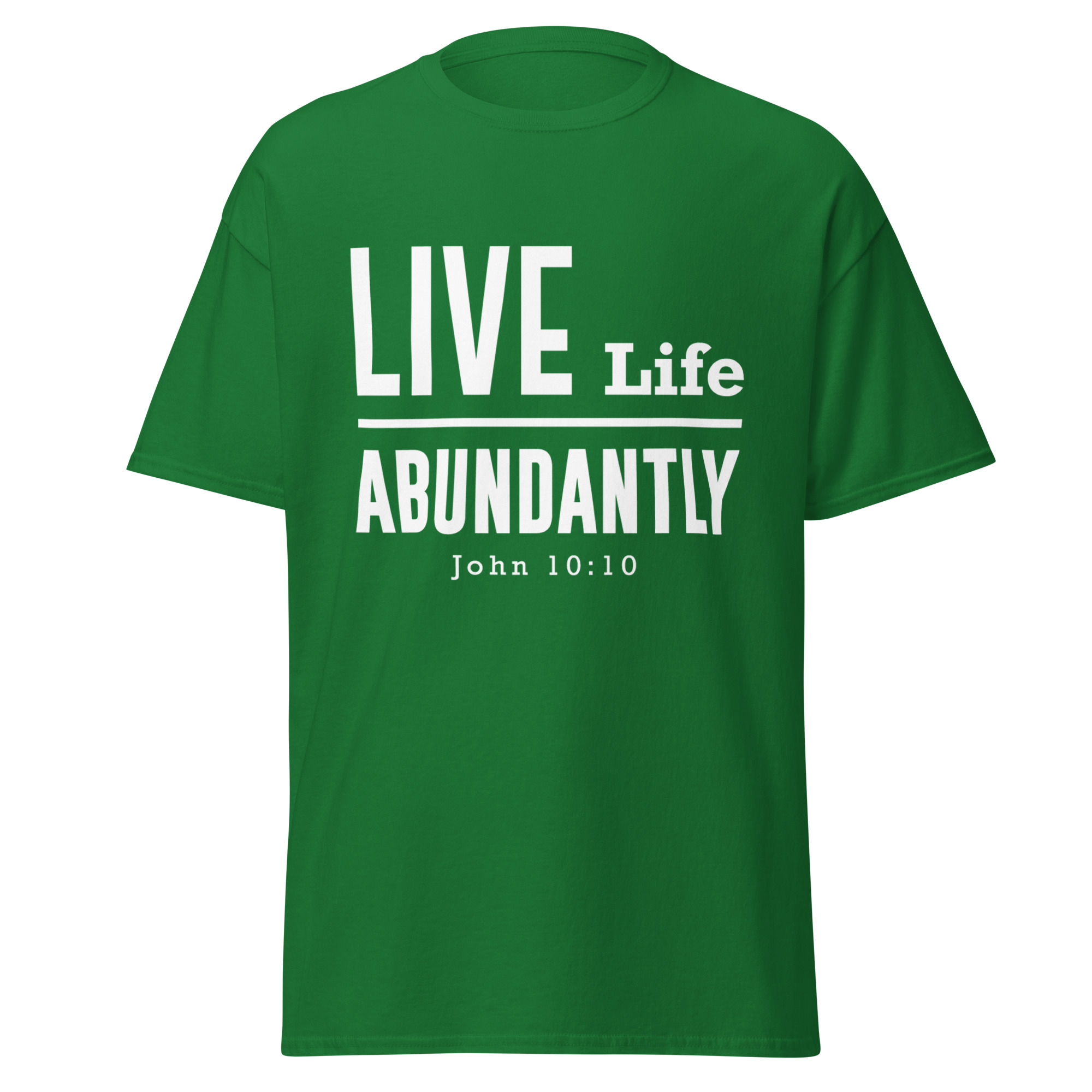 Green T-shirt with inspirational Bible verse design.